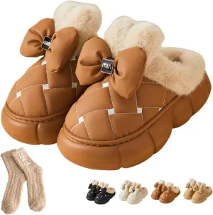 Bow Slippers, Women's Cute Bowknot Design Plush Lined Slipper Boots