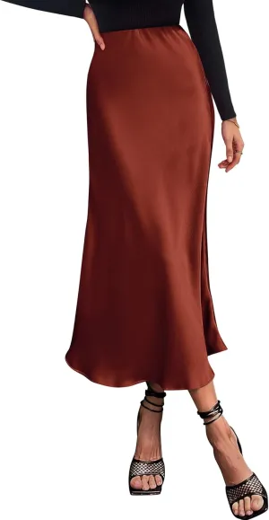 BTFBM 2025 Women Summer Spring Long Satin Skirt Silk Elegant High Waist Cocktail Party Wedding Flowy A-Line Midi Skirts