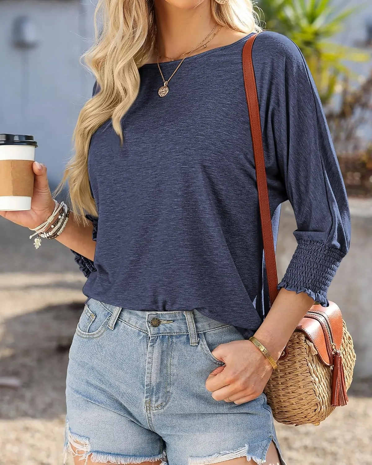 BTFBM Womens Casual 3/4 Sleeve Tops Dressy Spring Summer T Shirts 2025 Crewneck Loose Tunic Vacation Blouses