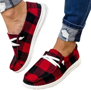 Buffalo Plaid Slip On Shoes,Flat Sole Lace up Casual Canvas Shoes for Women Christmas Casual Sneaker Ladies Driving Loafers (Red,7.5)