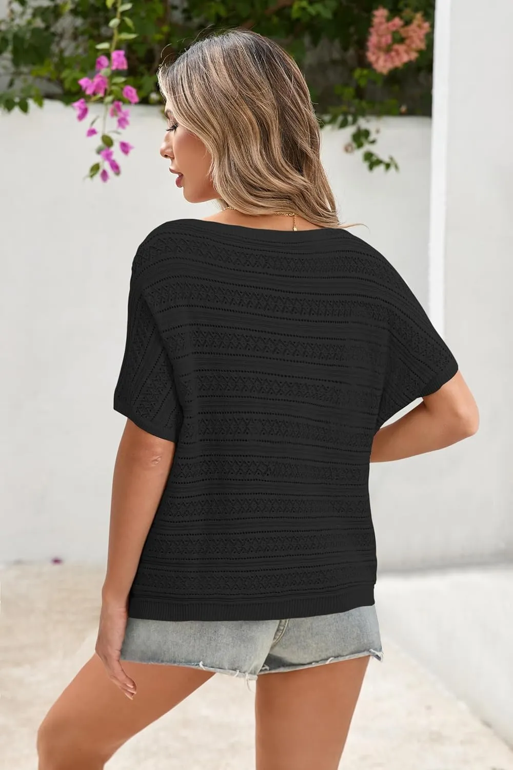 Cakulo Womens Summer Crochet Tops Hollow Out Off The Shoulder Short Sleeve Batwing Knit Spring Sweater Top 2025