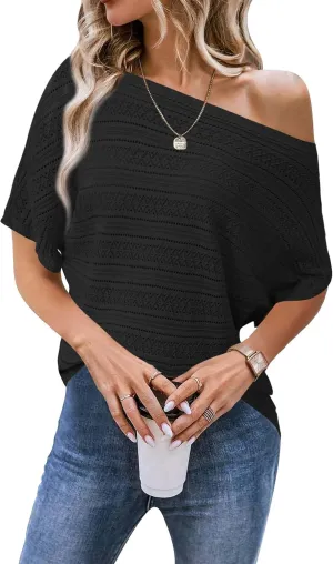 Cakulo Womens Summer Crochet Tops Hollow Out Off The Shoulder Short Sleeve Batwing Knit Spring Sweater Top 2025