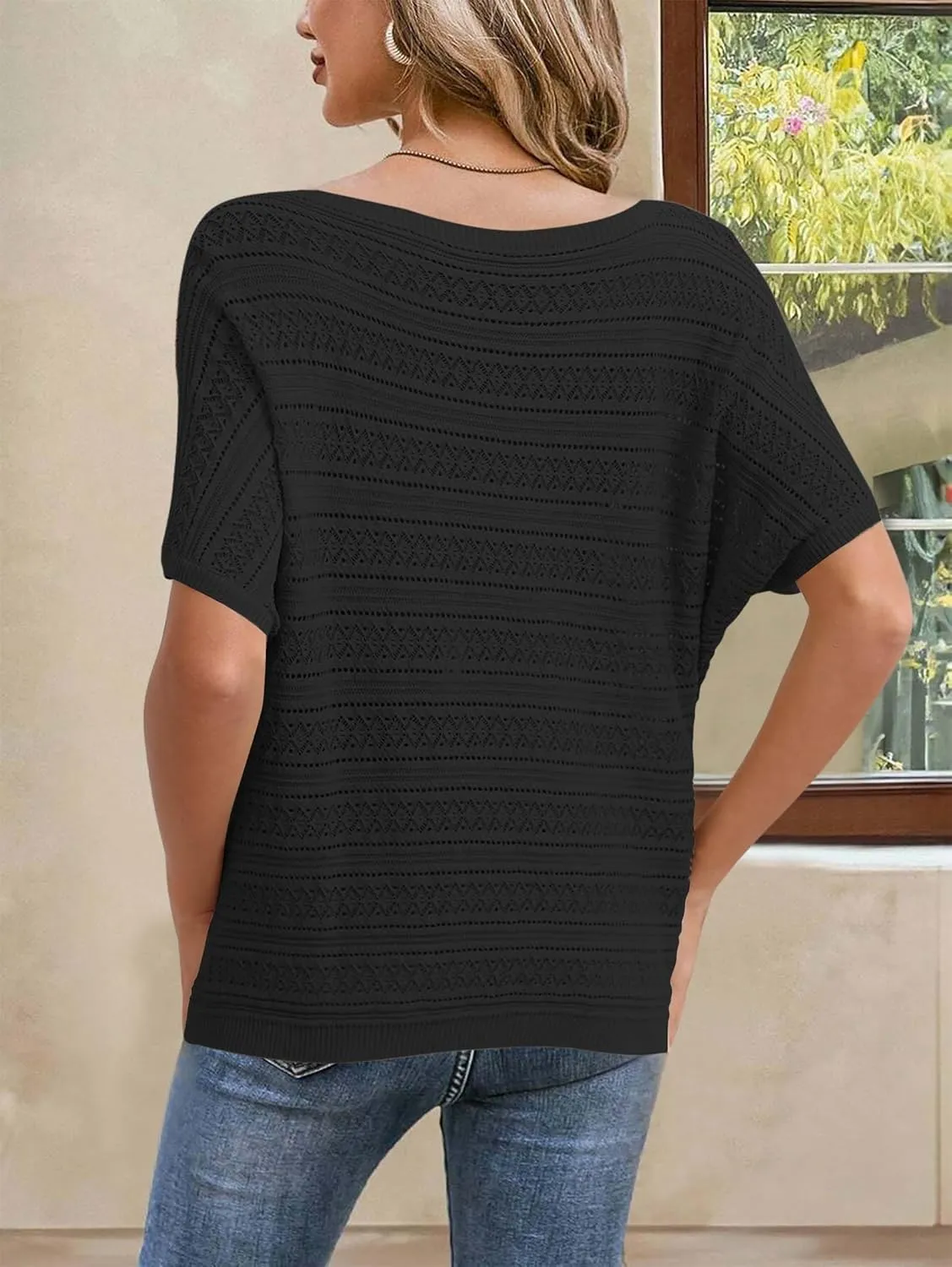 Cakulo Womens Summer Crochet Tops Hollow Out Off The Shoulder Short Sleeve Batwing Knit Spring Sweater Top 2025