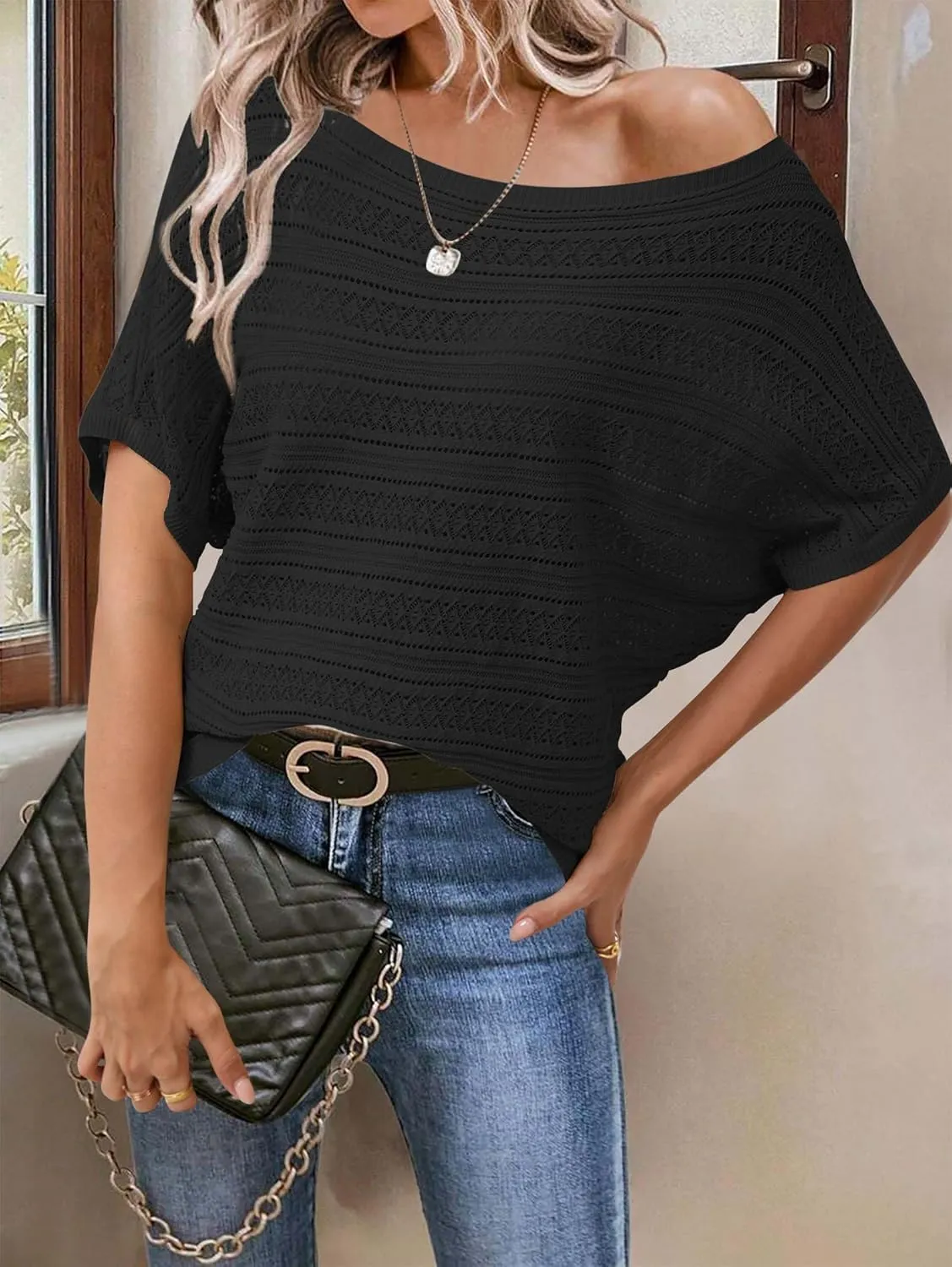Cakulo Womens Summer Crochet Tops Hollow Out Off The Shoulder Short Sleeve Batwing Knit Spring Sweater Top 2025