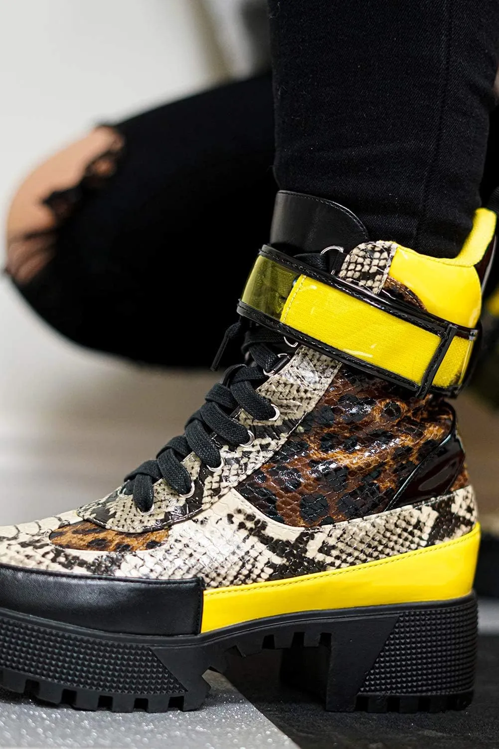 Cape Robbin Future Wave Leopard Snake Lace Up Lug Sole Commander Millitary Boots