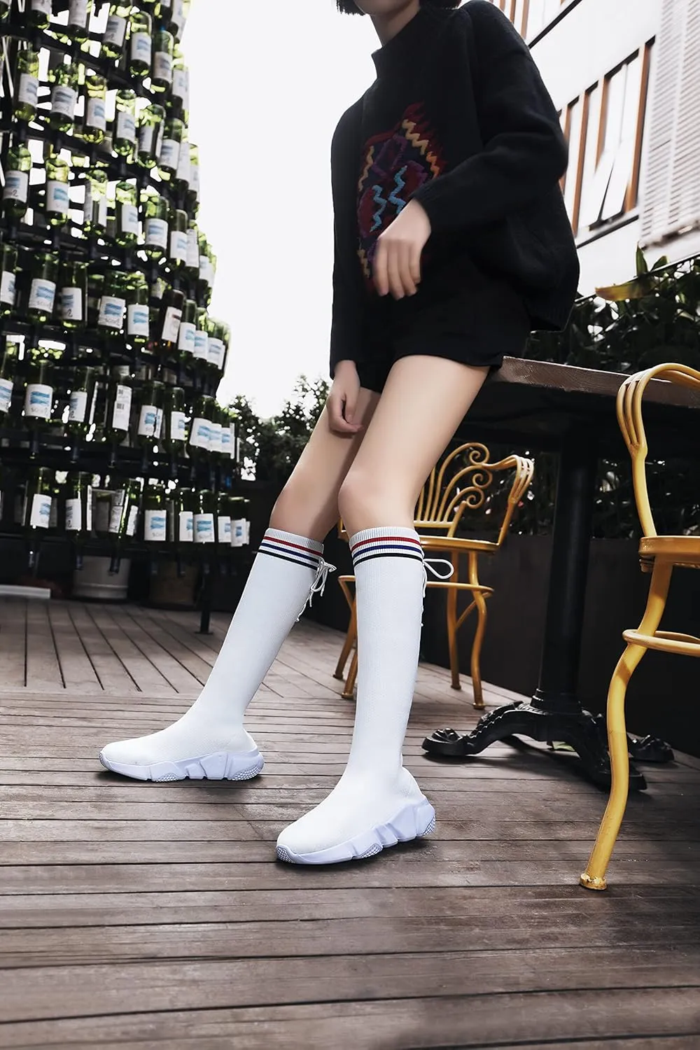 Casbeam Womens Knee High Boots High Top Shoes for Girls Comfortable Slip-On Sock Sneakers