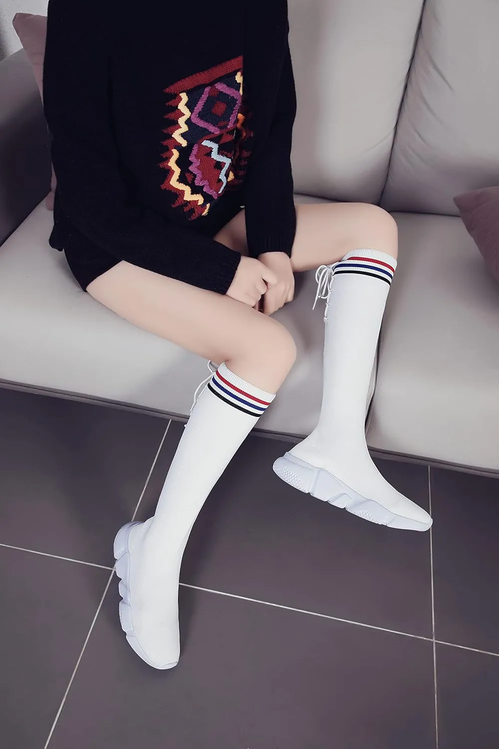 Casbeam Womens Knee High Boots High Top Shoes for Girls Comfortable Slip-On Sock Sneakers