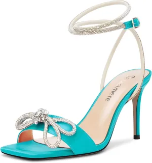 Castamere Mid Heel Open Toe Rhinestone Crystal Bow-knot Ankle Strap Sandals Wedding Prom Summer 3.2 Inches Heels