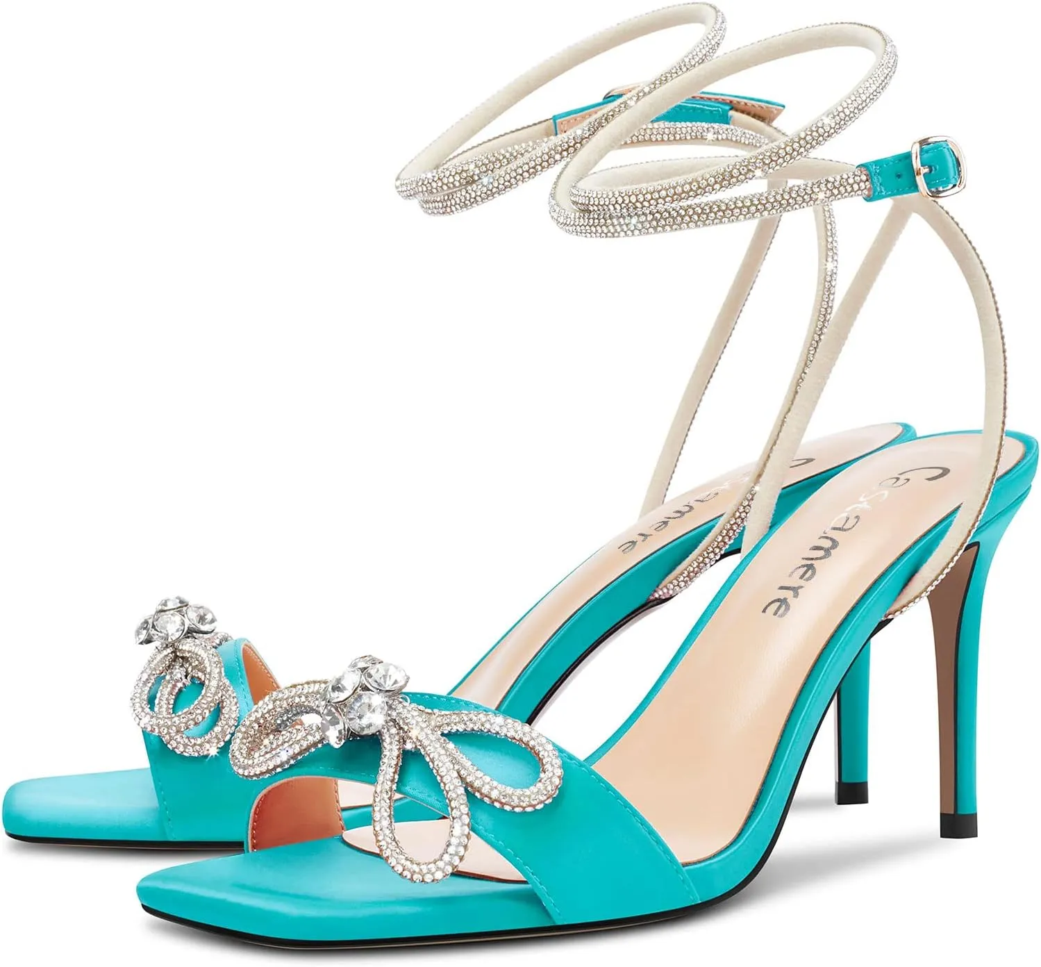 Castamere Mid Heel Open Toe Rhinestone Crystal Bow-knot Ankle Strap Sandals Wedding Prom Summer 3.2 Inches Heels
