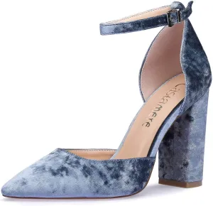 Castamere Womens High Heels Chunky Block Heel Sandals Pointed Toe Ankle Strap Pumps 10CM