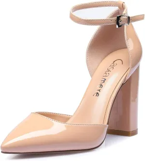 Castamere Womens High Heels Chunky Block Heel Sandals Pointed Toe Ankle Strap Pumps 10CM