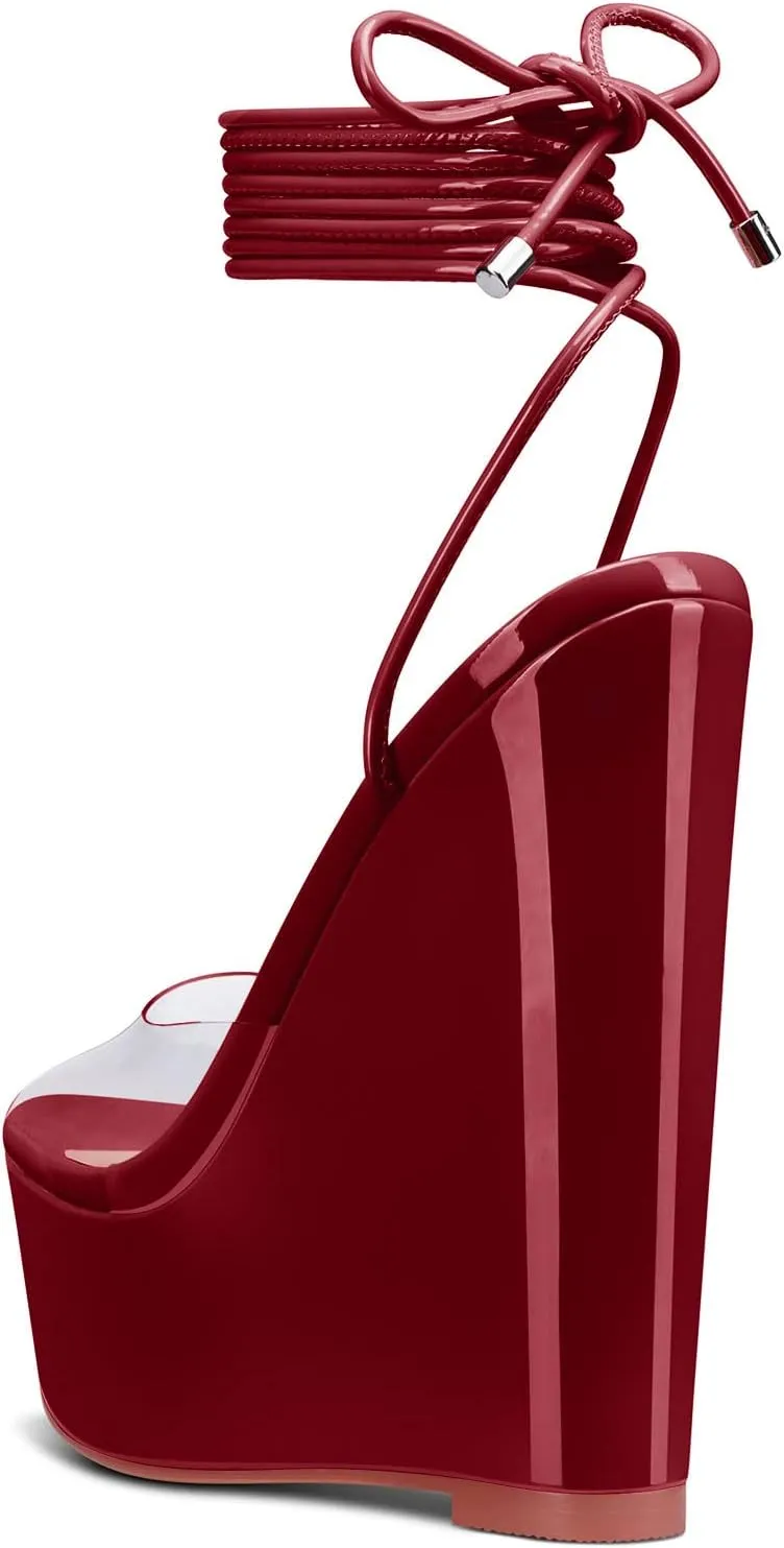 Castamere Womens High Wedge Platform Heel Peep Open Toe Ankle Strap Sandals Lace Wedding Clear Dress Shoes 5.9 Inches Heels