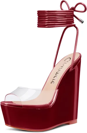 Castamere Womens High Wedge Platform Heel Peep Open Toe Ankle Strap Sandals Lace Wedding Clear Dress Shoes 5.9 Inches Heels
