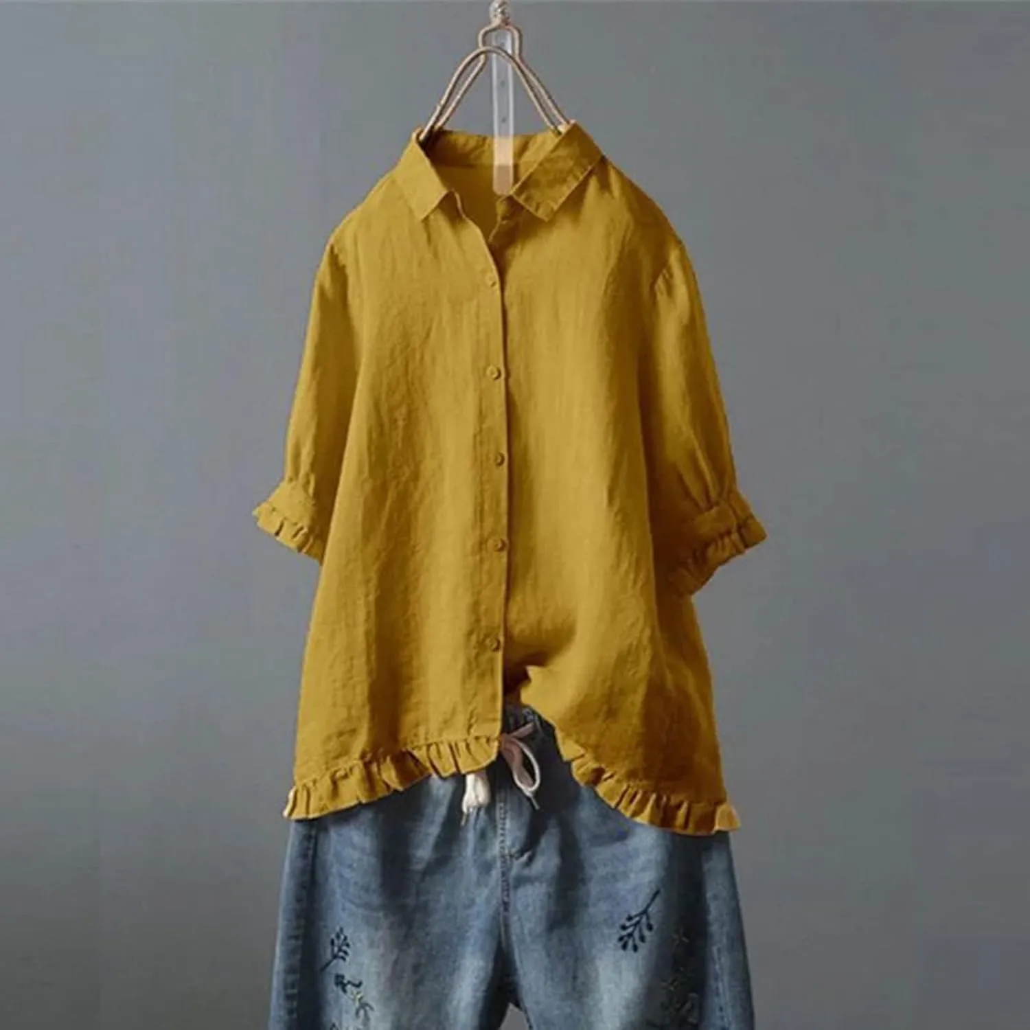 Ceboyel Women Button Down Linen Shirts Solid Summer Casual Blouses Ruffle Hem Flowy Tops Trendy Ladies Going Out Clothes 2023