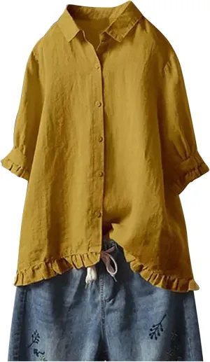 Ceboyel Women Button Down Linen Shirts Solid Summer Casual Blouses Ruffle Hem Flowy Tops Trendy Ladies Going Out Clothes 2023