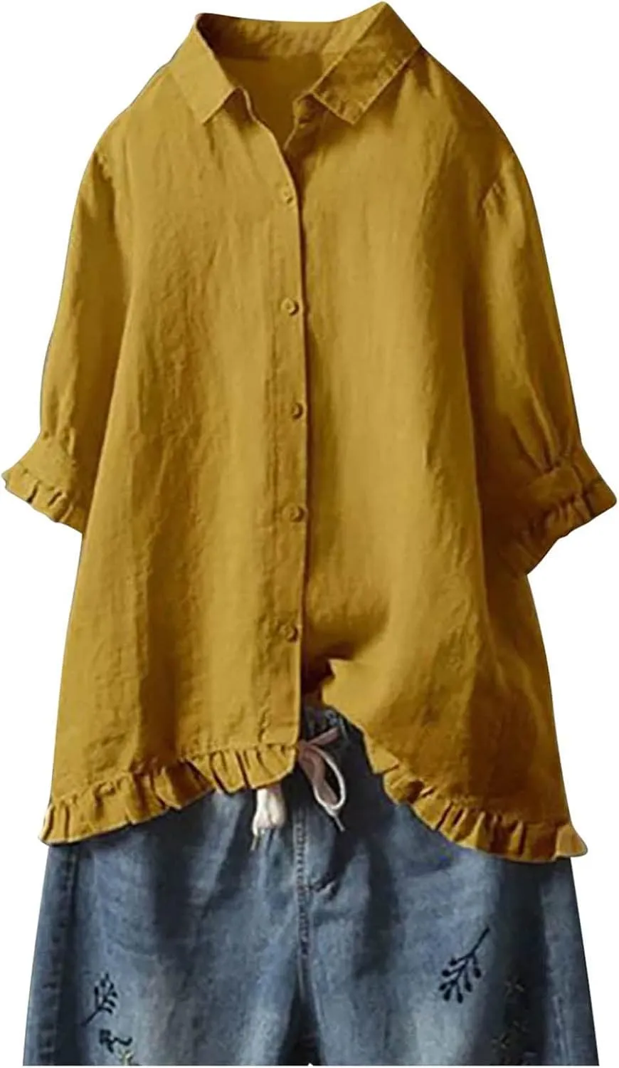 Ceboyel Women Button Down Linen Shirts Solid Summer Casual Blouses Ruffle Hem Flowy Tops Trendy Ladies Going Out Clothes 2023