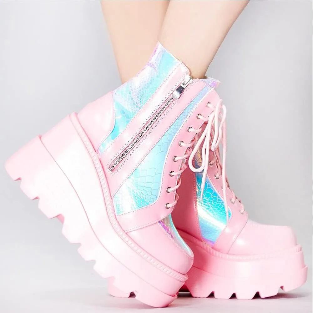 CELNEPHO Chunky Platform Boots for Women, Square Toe Lace up Zip High Heel Combat Wedge Ankle Boots