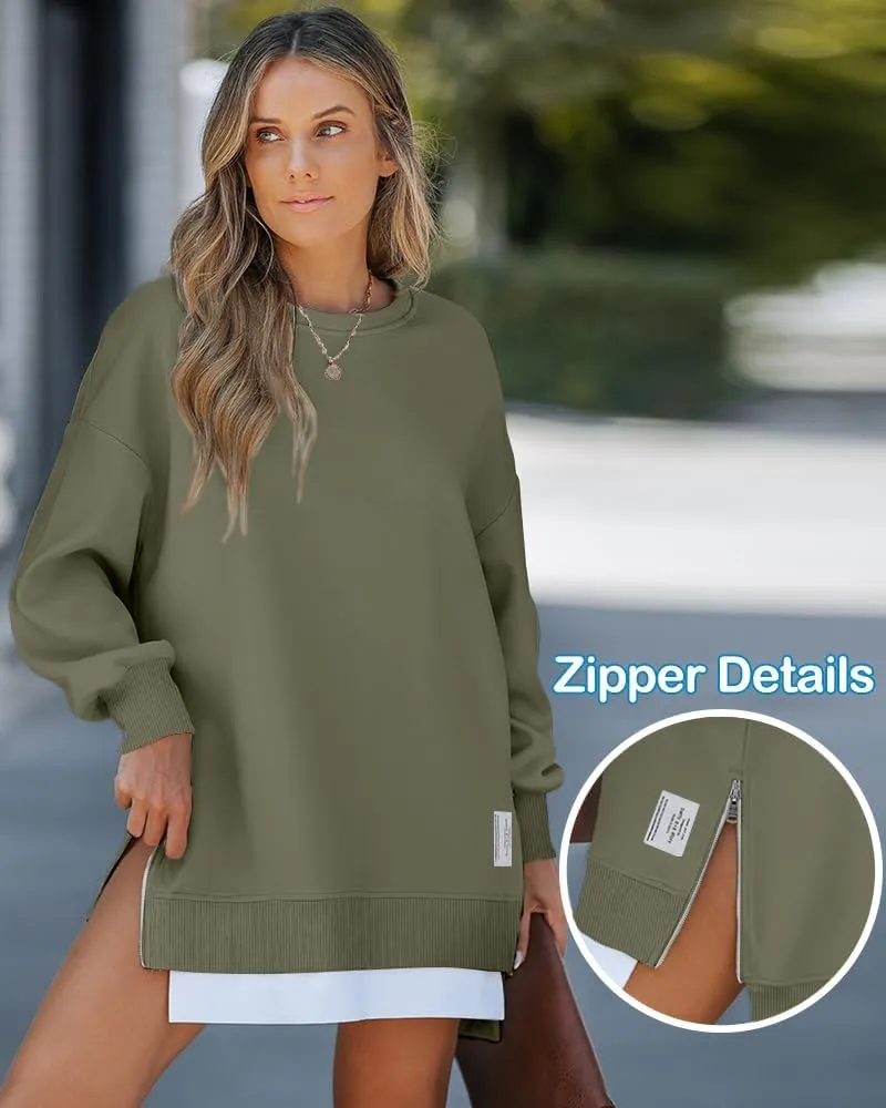 CHICME Womens Long Sleeve Zipper Slit Oversized Sweatshirt Casual Pullover Zipper Hoodies