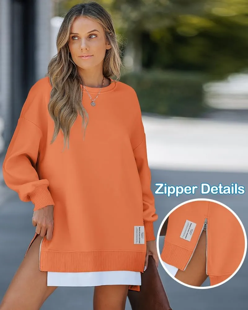CHICME Womens Long Sleeve Zipper Slit Oversized Sweatshirt Casual Pullover Zipper Hoodies