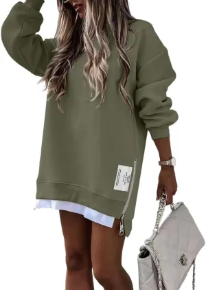 CHICME Womens Long Sleeve Zipper Slit Oversized Sweatshirt Casual Pullover Zipper Hoodies