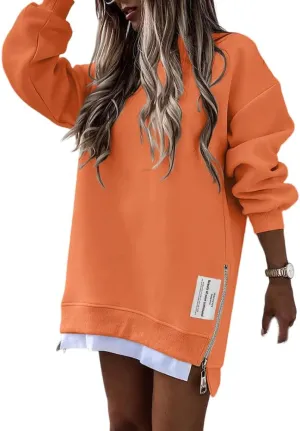 CHICME Womens Long Sleeve Zipper Slit Oversized Sweatshirt Casual Pullover Zipper Hoodies