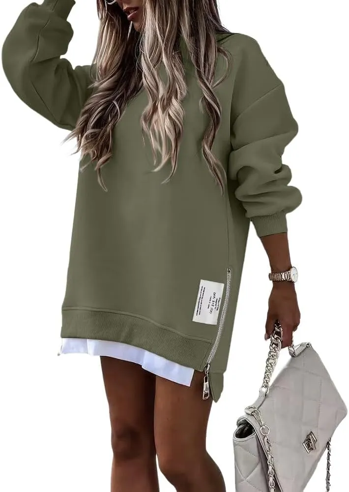 CHICME Womens Long Sleeve Zipper Slit Oversized Sweatshirt Casual Pullover Zipper Hoodies