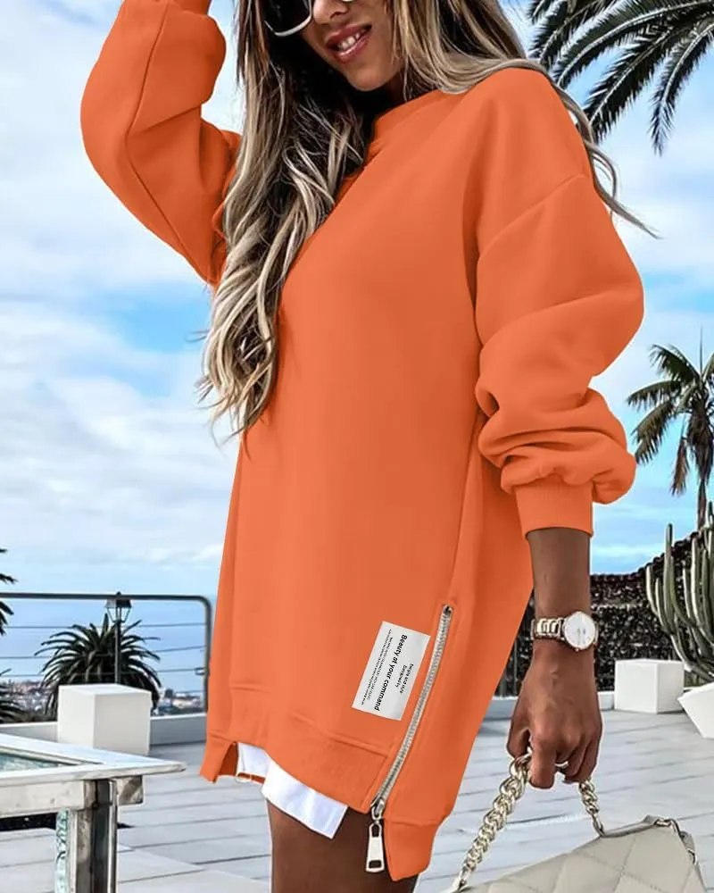 CHICME Womens Long Sleeve Zipper Slit Oversized Sweatshirt Casual Pullover Zipper Hoodies