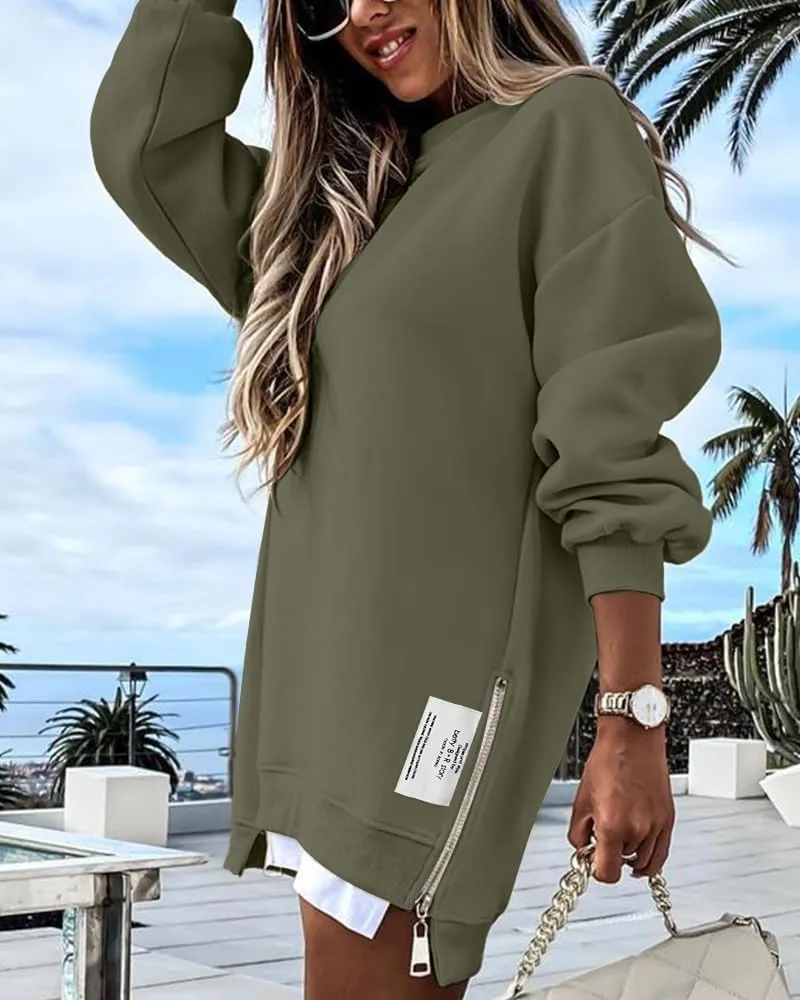 CHICME Womens Long Sleeve Zipper Slit Oversized Sweatshirt Casual Pullover Zipper Hoodies