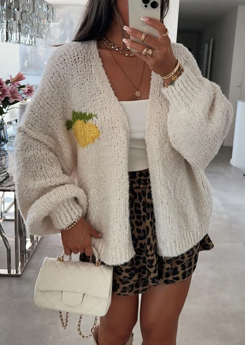 chouyatou Women's Cute Lemon Letter Pattern Cardigan Open Front Jacquard Knitted Sweater Cardigan