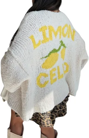 chouyatou Women's Cute Lemon Letter Pattern Cardigan Open Front Jacquard Knitted Sweater Cardigan