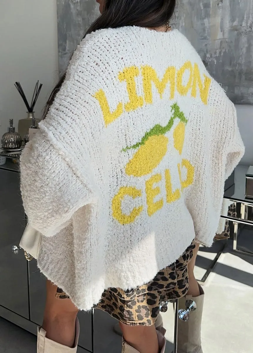 chouyatou Women's Cute Lemon Letter Pattern Cardigan Open Front Jacquard Knitted Sweater Cardigan