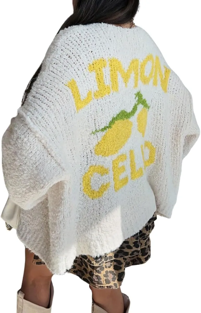chouyatou Women's Cute Lemon Letter Pattern Cardigan Open Front Jacquard Knitted Sweater Cardigan