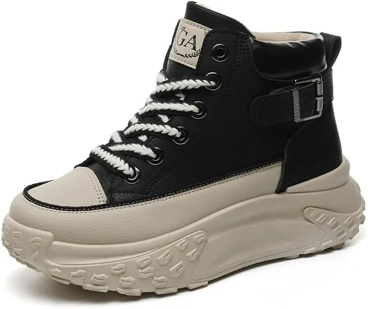 Comfortable High Top Platform Sneakers for Women - Trendy Lace Up Outdoor Shoes in Faux Leather