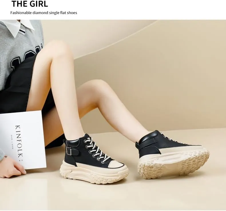 Comfortable High Top Platform Sneakers for Women - Trendy Lace Up Outdoor Shoes in Faux Leather