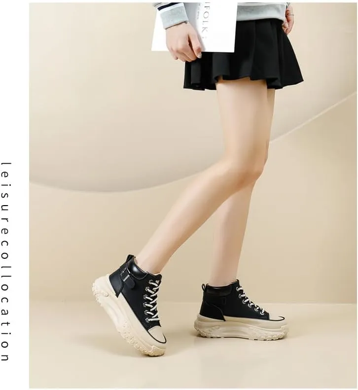 Comfortable High Top Platform Sneakers for Women - Trendy Lace Up Outdoor Shoes in Faux Leather