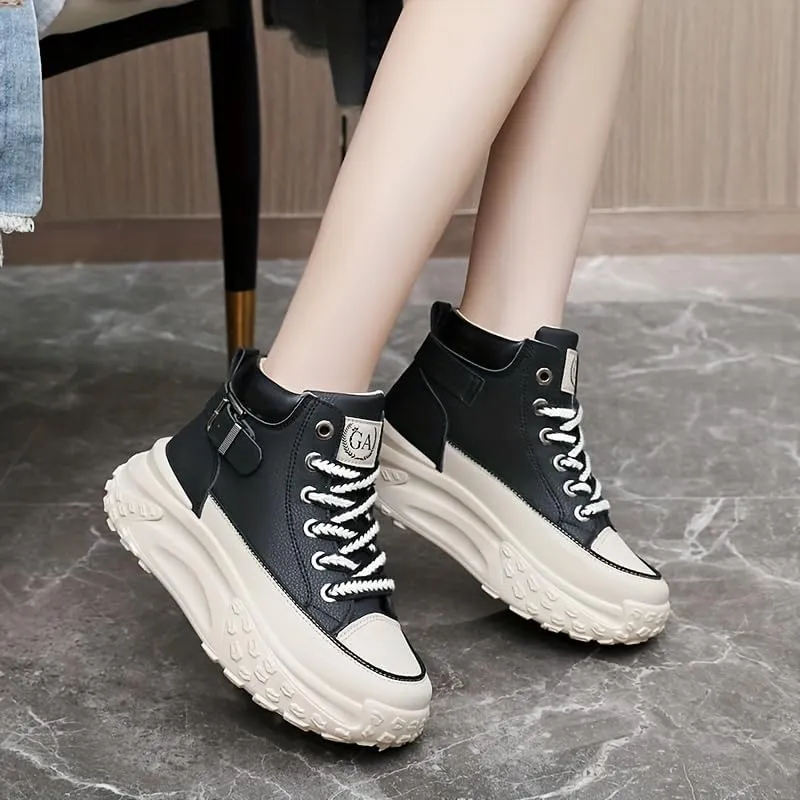 Comfortable High Top Platform Sneakers for Women - Trendy Lace Up Outdoor Shoes in Faux Leather
