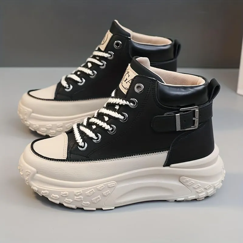 Comfortable High Top Platform Sneakers for Women - Trendy Lace Up Outdoor Shoes in Faux Leather