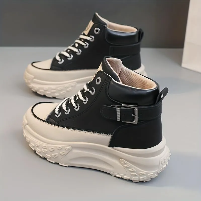 Comfortable High Top Platform Sneakers for Women - Trendy Lace Up Outdoor Shoes in Faux Leather