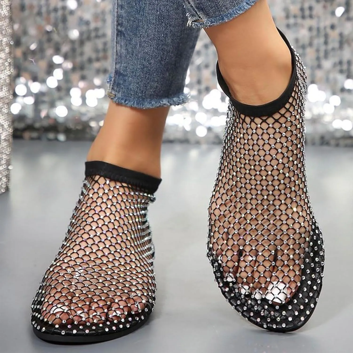 Comfortable Shiny Mesh Flats for Women – Fishnet Summer Ballet Flats Sandals with Low Heel