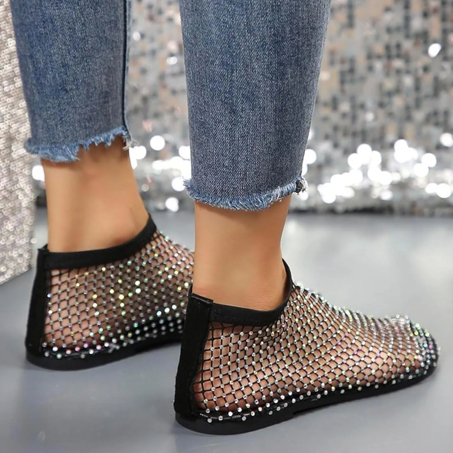 Comfortable Shiny Mesh Flats for Women – Fishnet Summer Ballet Flats Sandals with Low Heel