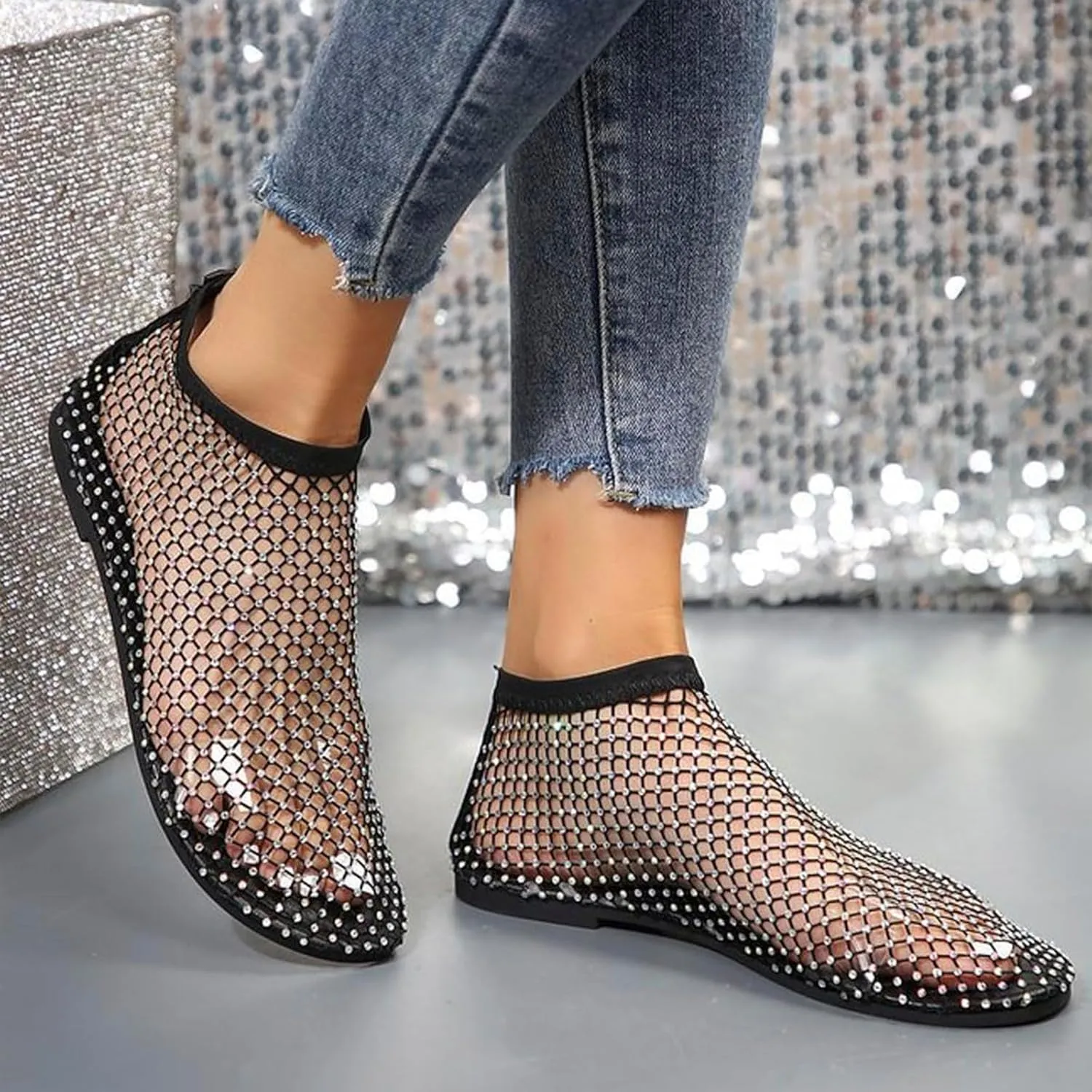 Comfortable Shiny Mesh Flats for Women – Fishnet Summer Ballet Flats Sandals with Low Heel