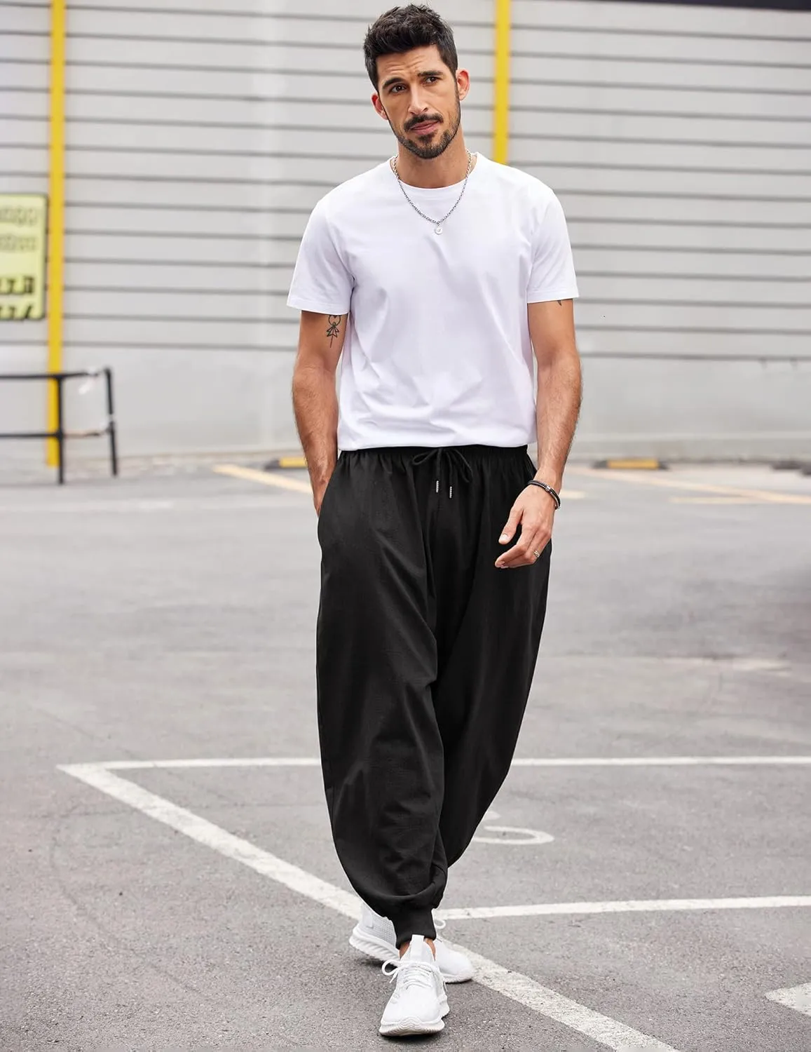 COOFANDY Men Hippie Harem Pants Baggy Linen Cotton Boho Yoga Pants Summer Beach Pants Casual Drop Crotch Trouser