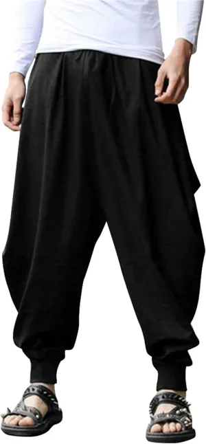 COOFANDY Men Hippie Harem Pants Baggy Linen Cotton Boho Yoga Pants Summer Beach Pants Casual Drop Crotch Trouser