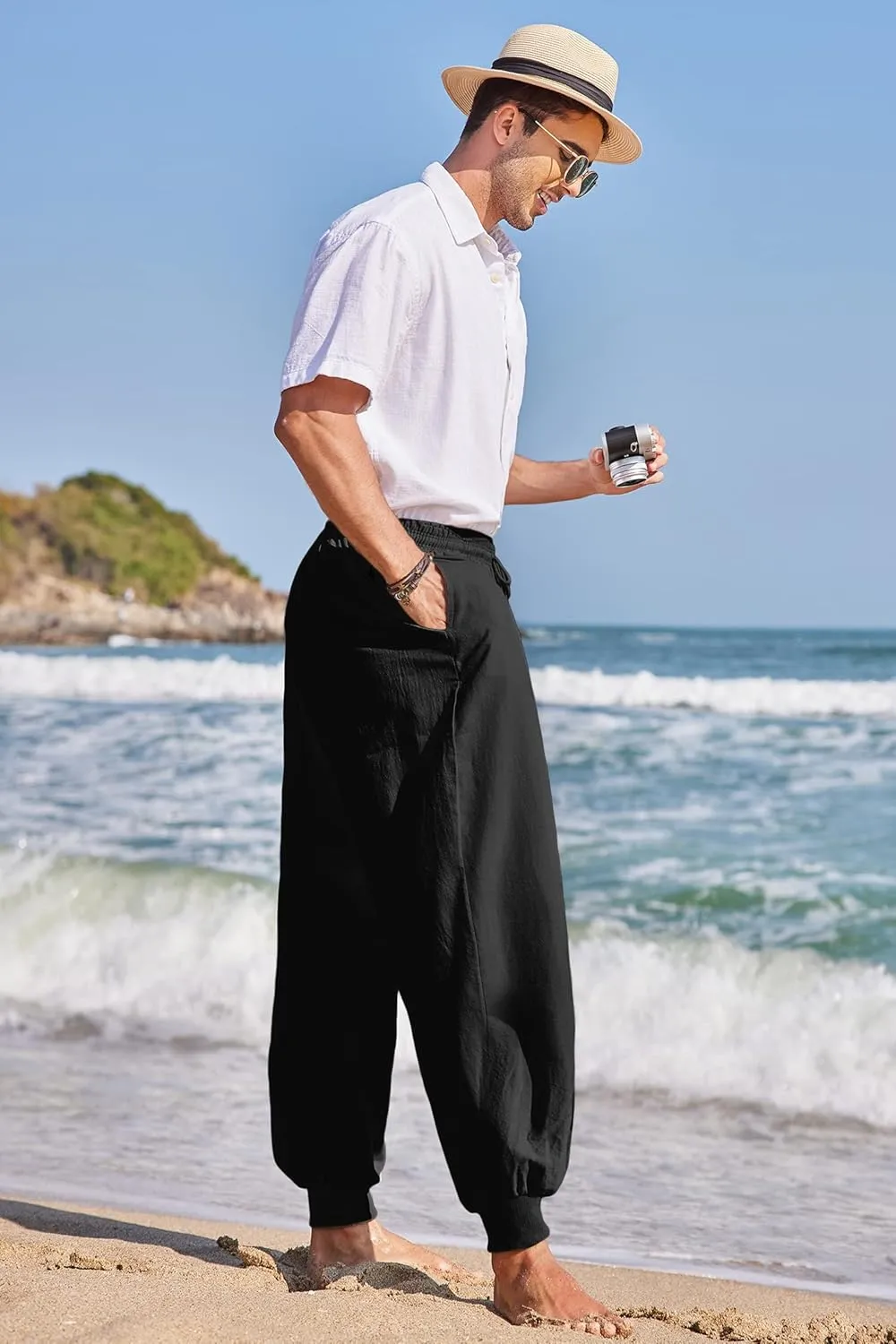 COOFANDY Men Hippie Harem Pants Baggy Linen Cotton Boho Yoga Pants Summer Beach Pants Casual Drop Crotch Trouser