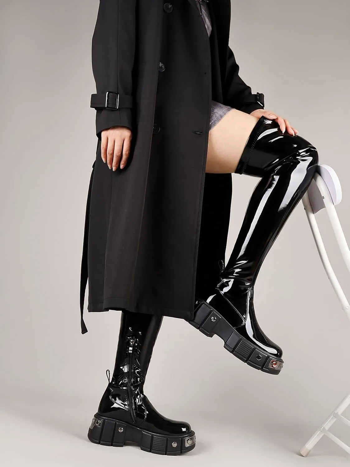 CouieCuies Women's Over the Knee Boots Black Thigh High Boots Platform Knee High Lug Sole Comfortable Stretch Mid Heel Zipper