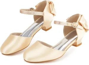 Coutgo Girls Dress Shoes Low Heel Mary Jane Bow Heels Princess Flower Wedding Party Pumps
