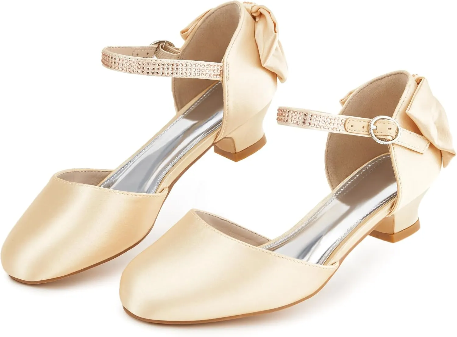 Coutgo Girls Dress Shoes Low Heel Mary Jane Bow Heels Princess Flower Wedding Party Pumps
