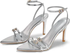 Coutgo Womens High Heeled Sandals Pointed Open Toe Ankle Buckle Strap Stiletto Heels Dress Party Shoes