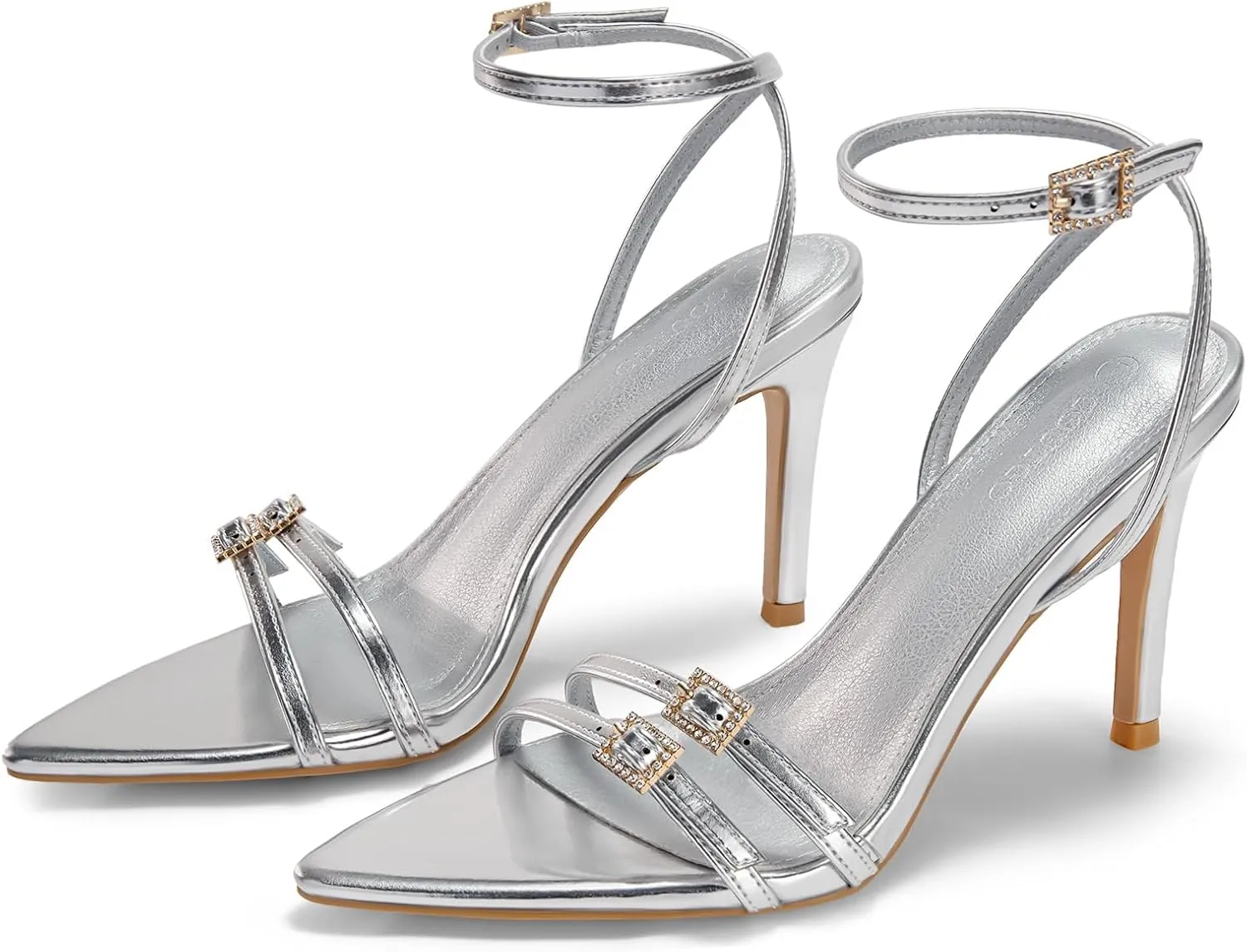 Coutgo Womens High Heeled Sandals Pointed Open Toe Ankle Buckle Strap Stiletto Heels Dress Party Shoes