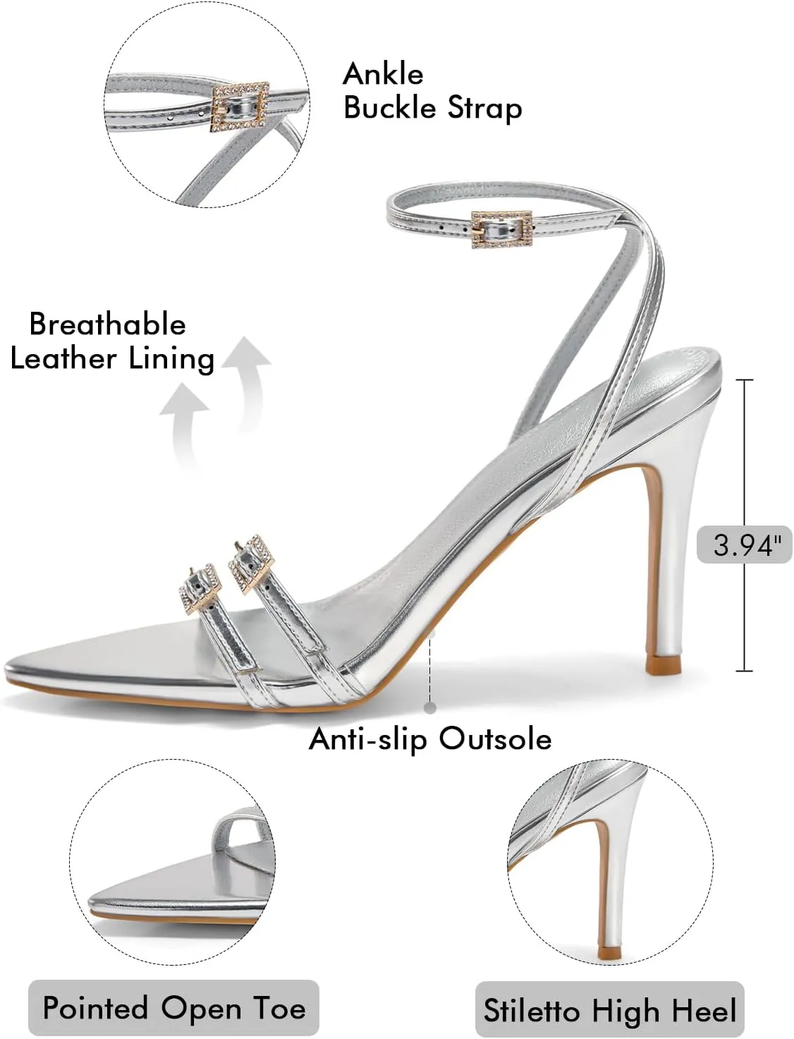 Coutgo Womens High Heeled Sandals Pointed Open Toe Ankle Buckle Strap Stiletto Heels Dress Party Shoes